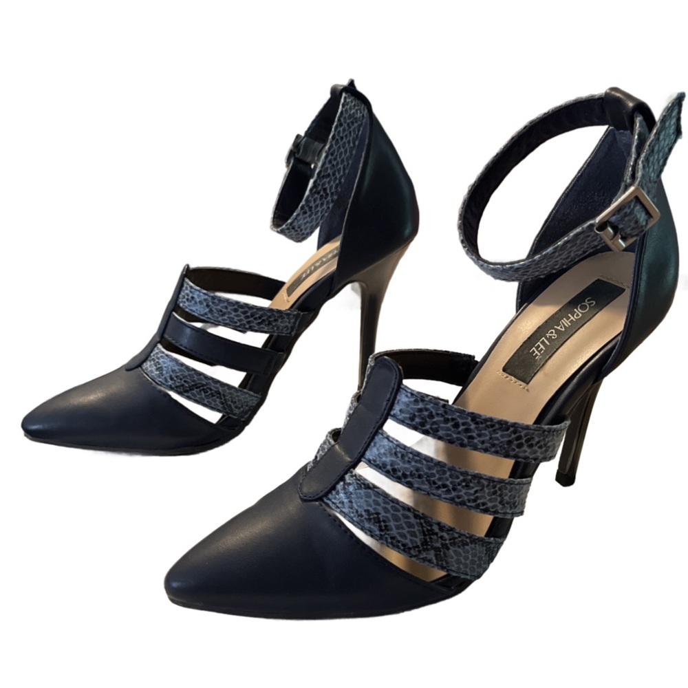 Sophia & Lee Blue Snakeskin Print Strappy Heels